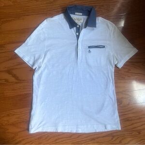 Penguin size medium men’s polo style shirt, white with denim colored trim.